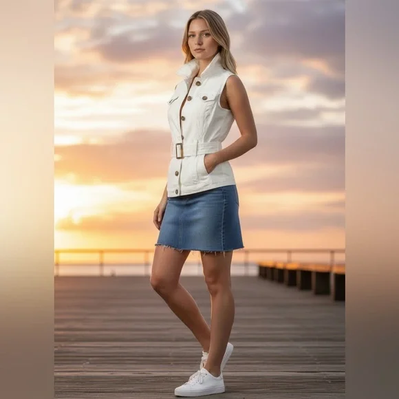 WHBM White Denim Belted Vest Stretch Tortoiseshell Buttons Size 0 - Picture 3 of 11